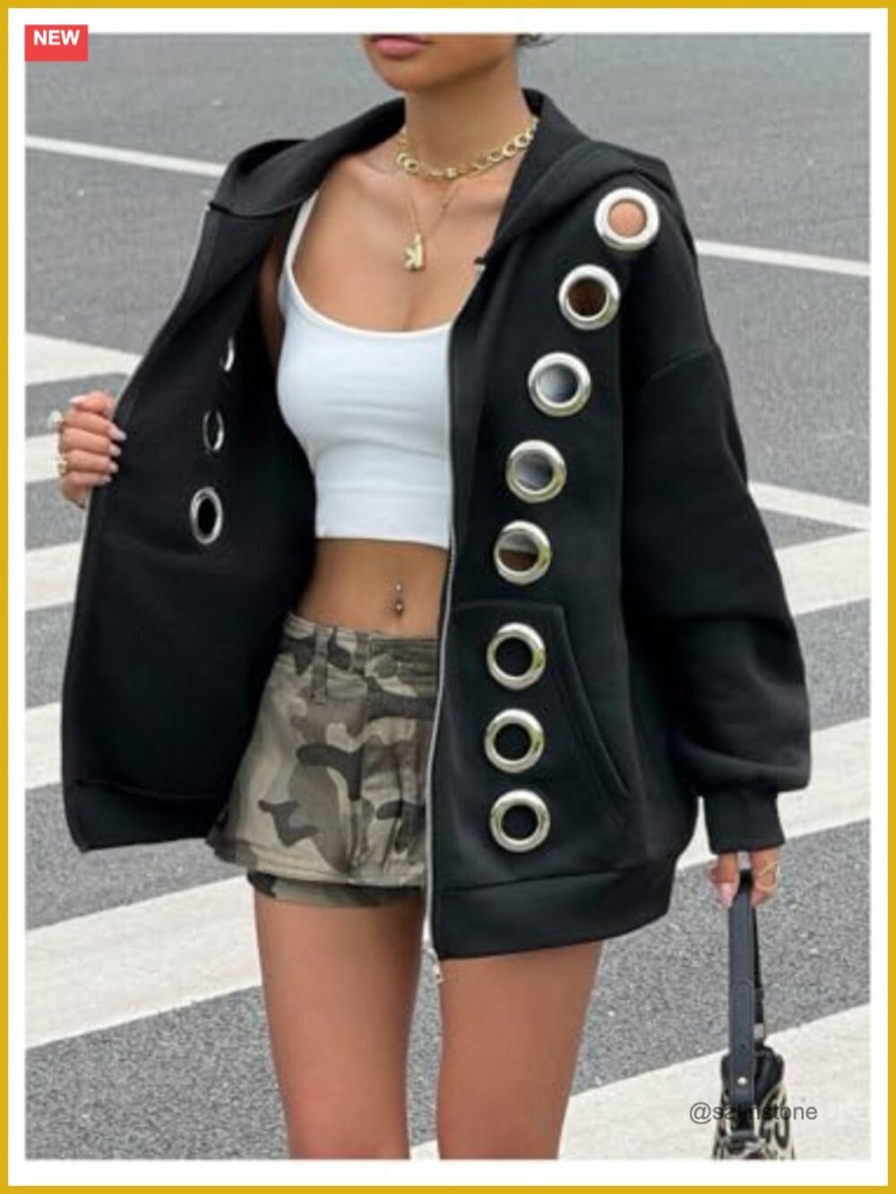 Women's Punk Zip Up Hoodie Grommet Eyelet Long Sleeve Oversized Y2K Sweatshirt - Picture 2 of 5